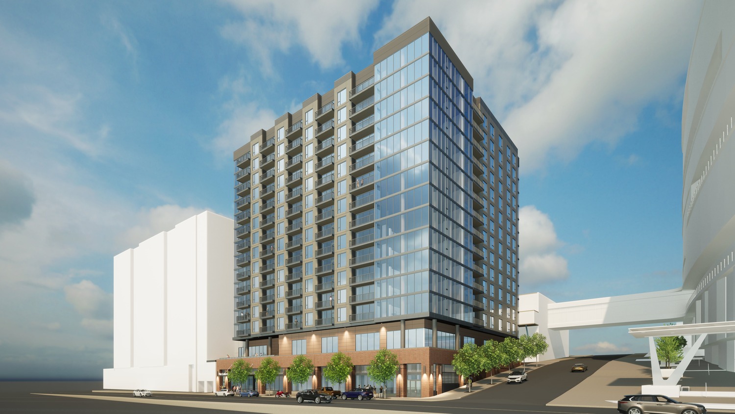 Lakefront high-rise apartment development in the heart of the medical district in Duluth, Minnesota, featuring a modern glazed architecture design by Pappageorge Haymes Partners.